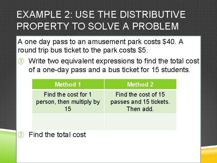 EXAMPLE 2: USE THE DISTRIBUTIVE PROPERTY TO SOLVE A PROBLEM A one day pass EXAMPLE 2: USE THE DISTRIBUTIVE PROPERTY TO SOLVE A PROBLEM A one day pass