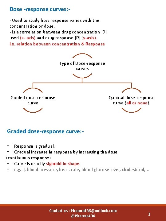 Dose -response curves: - Used to study how response varies with the concentration or