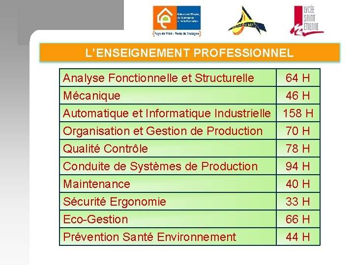 L’ENSEIGNEMENT PROFESSIONNEL Analyse Fonctionnelle et Structurelle 64 H Mécanique 46 H Automatique et Informatique