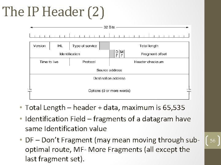 The IP Header (2) • Total Length – header + data, maximum is 65,