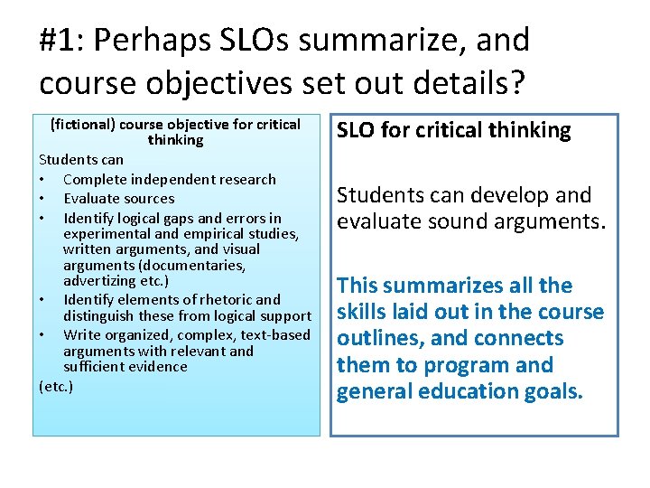 #1: Perhaps SLOs summarize, and course objectives set out details? (fictional) course objective for