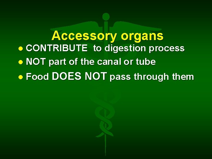 Accessory organs CONTRIBUTE to digestion process NOT part of the canal or tube Food