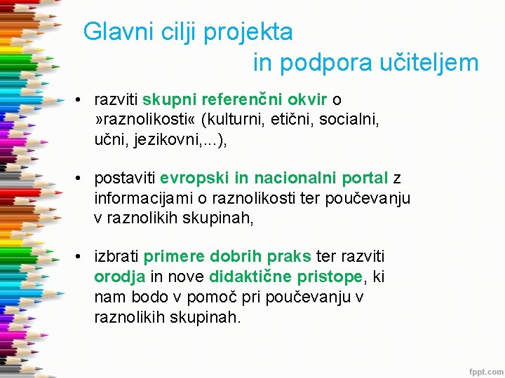 Glavni cilji projekta in podpora učiteljem • razviti skupni referenčni okvir o » raznolikosti