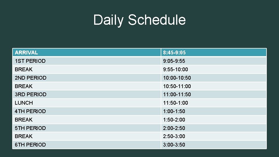 Daily Schedule ARRIVAL 8: 45 -9: 05 1 ST PERIOD 9: 05 -9: 55