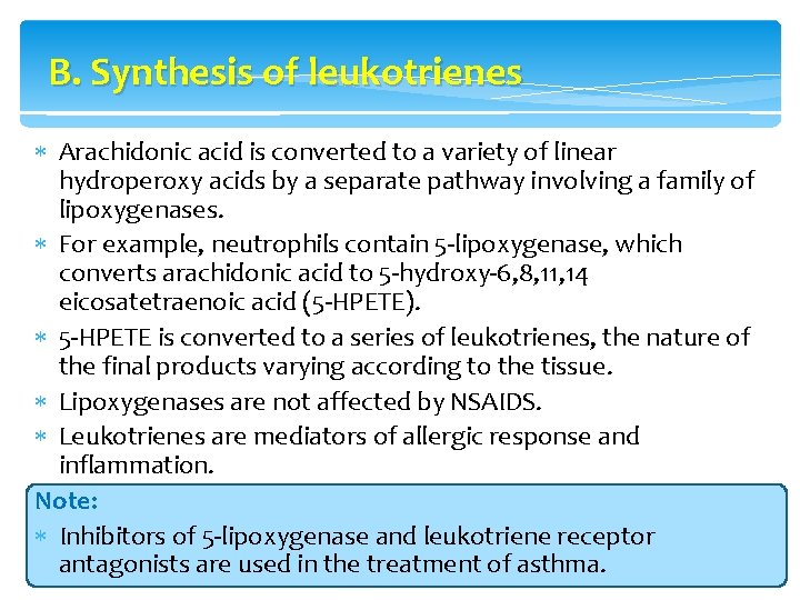 B. Synthesis of leukotrienes Arachidonic acid is converted to a variety of linear hydroperoxy