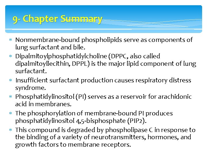 9 - Chapter Summary Nonmembrane-bound phospholipids serve as components of lung surfactant and bile.