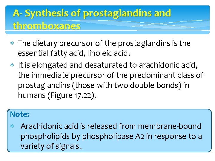A- Synthesis of prostaglandins and thromboxanes The dietary precursor of the prostaglandins is the