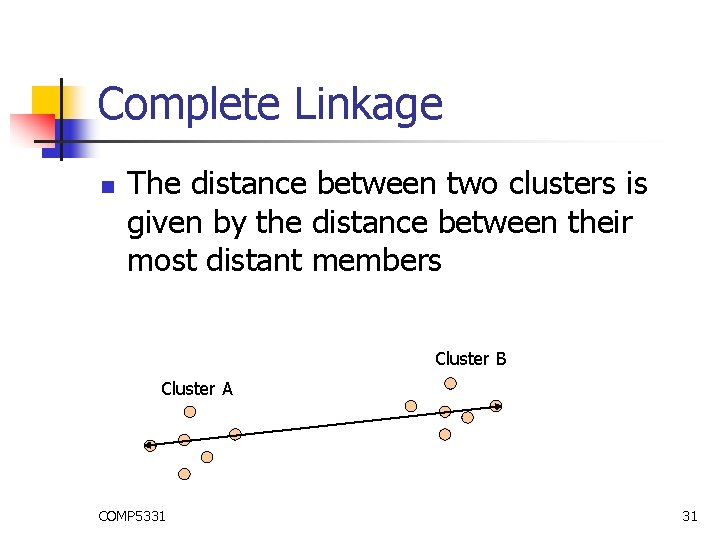 Complete Linkage n The distance between two clusters is given by the distance between