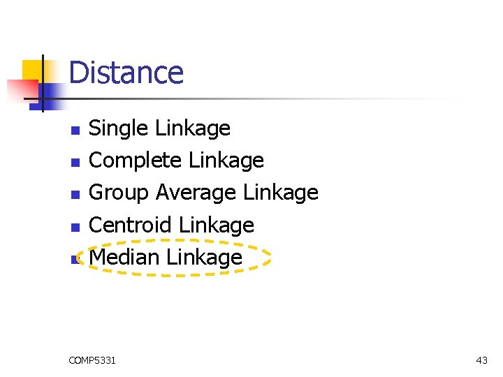Distance n n n Single Linkage Complete Linkage Group Average Linkage Centroid Linkage Median