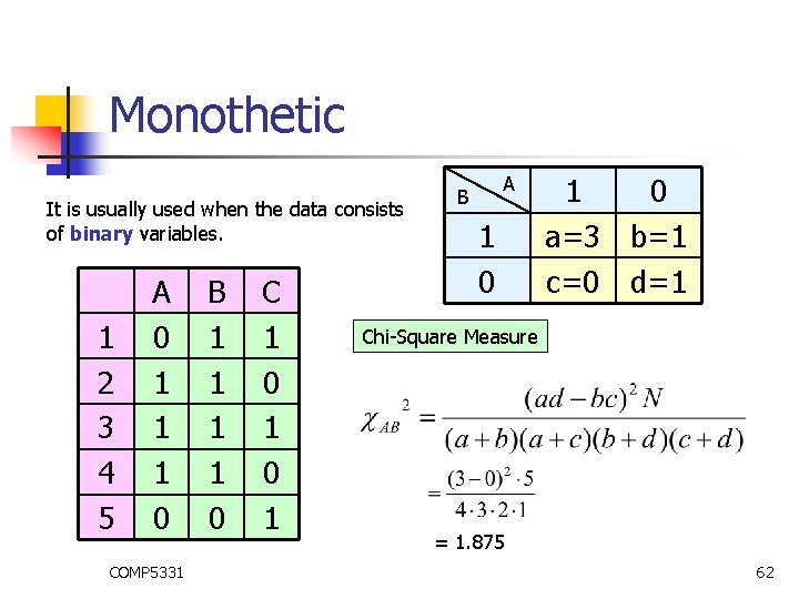 Monothetic It is usually used when the data consists of binary variables. 1 2