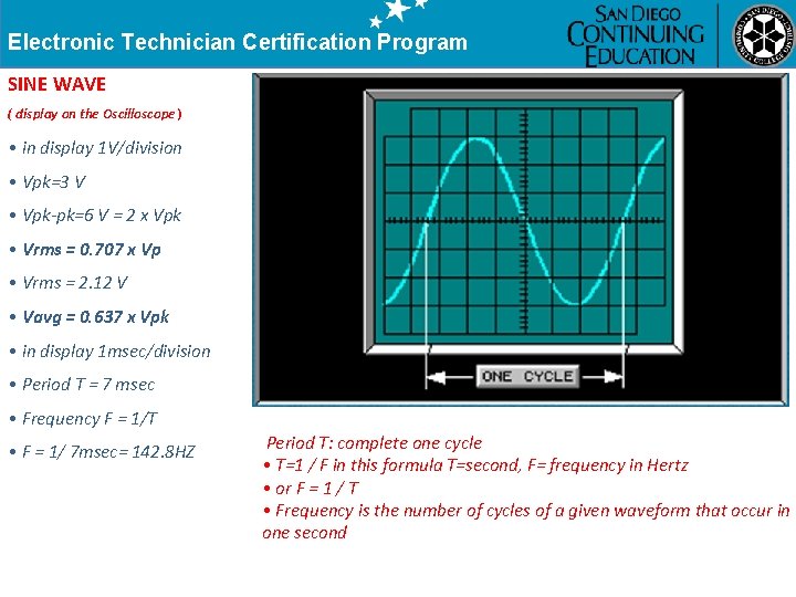 Electronic Technician Certification Program SINE WAVE ( display on the Oscilloscope) • in display