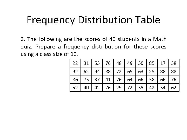 Frequency Distribution Table 2. The following are the scores of 40 students in a Frequency Distribution Table 2. The following are the scores of 40 students in a