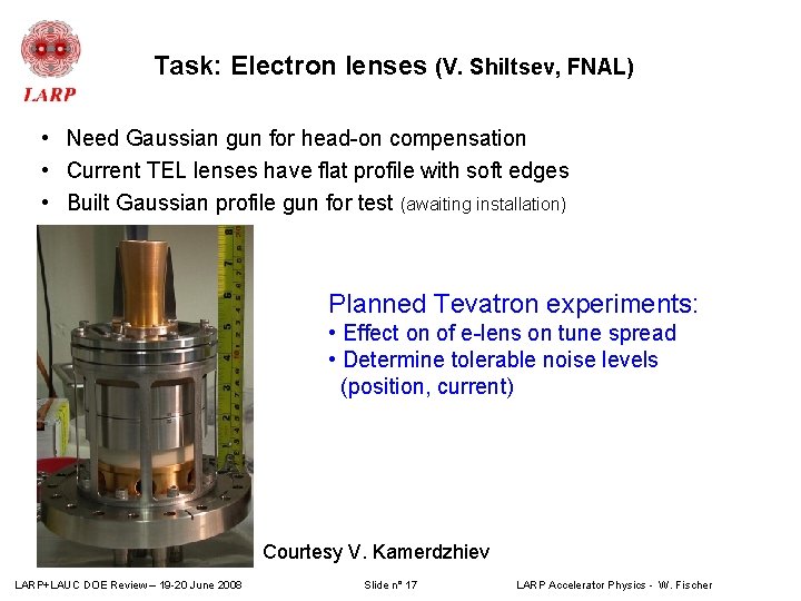 Task: Electron lenses (V. Shiltsev, FNAL) • Need Gaussian gun for head-on compensation •