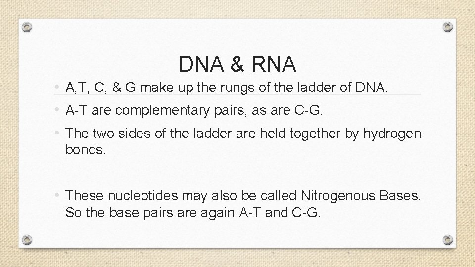 DNA & RNA • A, T, C, & G make up the rungs of