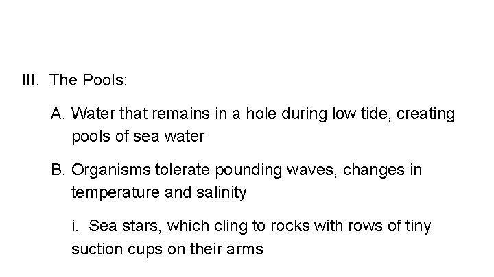 III. The Pools: A. Water that remains in a hole during low tide, creating