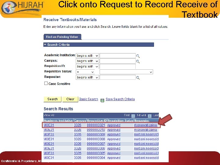 Click onto Request to Record Receive of Textbook 