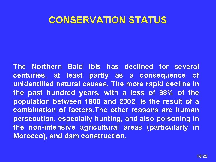 CONSERVATION STATUS The Northern Bald Ibis has declined for several centuries, at least partly