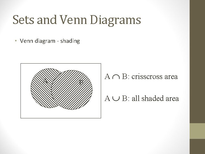 Sets and Venn Diagrams • Venn diagram - shading A B A B: crisscross Sets and Venn Diagrams • Venn diagram - shading A B A B: crisscross