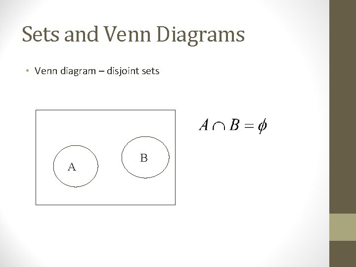 Sets and Venn Diagrams • Venn diagram – disjoint sets A B Sets and Venn Diagrams • Venn diagram – disjoint sets A B