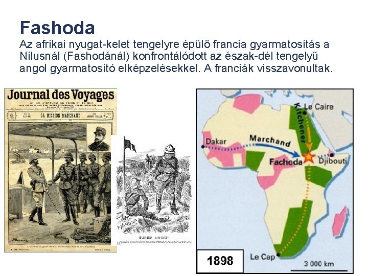 Fashoda Az afrikai nyugat-kelet tengelyre épülő francia gyarmatosítás a Nílusnál (Fashodánál) konfrontálódott az észak-dél
