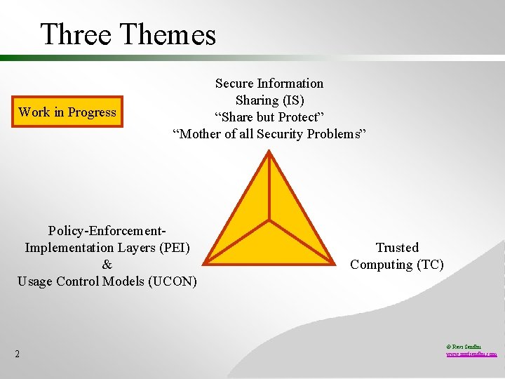Three Themes Work in Progress Secure Information Sharing (IS) “Share but Protect” “Mother of