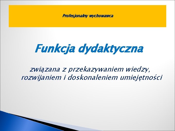 Profesjonalny wychowawca Funkcja dydaktyczna związana z przekazywaniem wiedzy, rozwijaniem i doskonaleniem umiejętności 