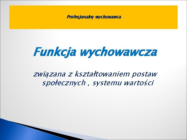 Profesjonalny wychowawca Funkcja wychowawcza związana z kształtowaniem postaw społecznych , systemu wartości 