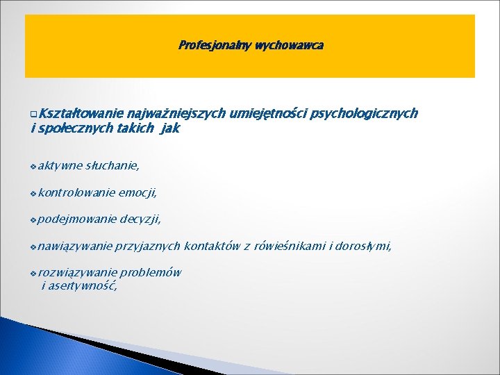 Profesjonalny wychowawca q. Kształtowanie najważniejszych umiejętności psychologicznych i społecznych takich jak vaktywne słuchanie, vkontrolowanie