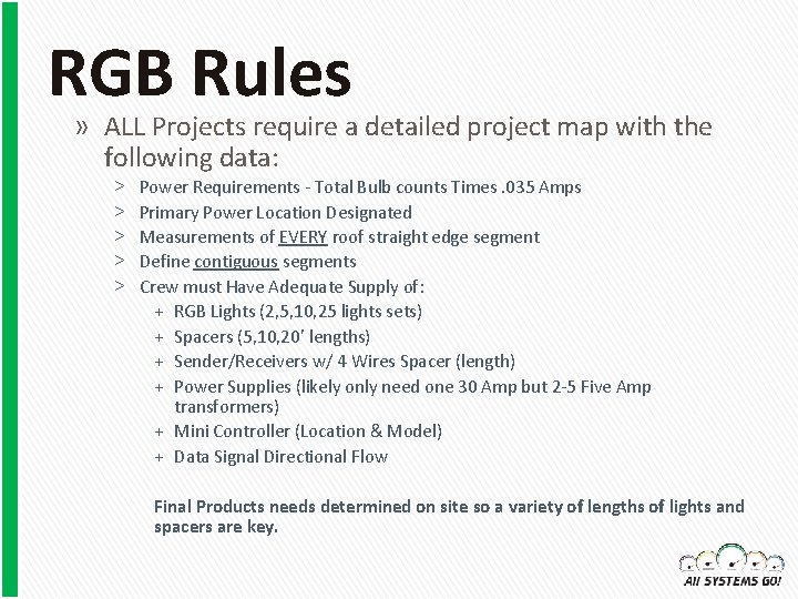 RGB Rules » ALL Projects require a detailed project map with the following data: