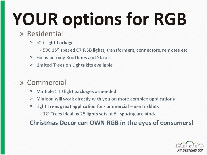 YOUR options for RGB » Residential ˃ 500 Light Package - 500 15” spaced