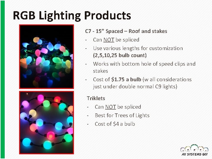 RGB Lighting Products C 7 - 15” Spaced – Roof and stakes - Can