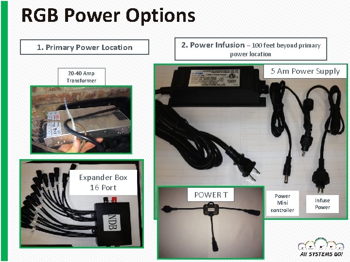 RGB Power Options 1. Primary Power Location 2. Power Infusion – 100 feet beyond
