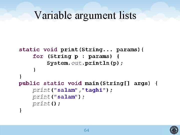 Variable argument lists 64 