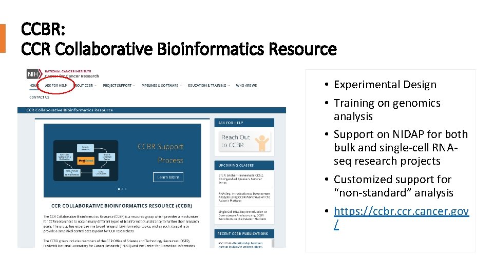 CCBR: CCR Collaborative Bioinformatics Resource • Experimental Design • Training on genomics analysis •