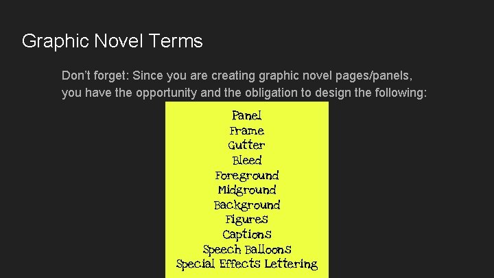 Graphic Novel Terms Don’t forget: Since you are creating graphic novel pages/panels, you have