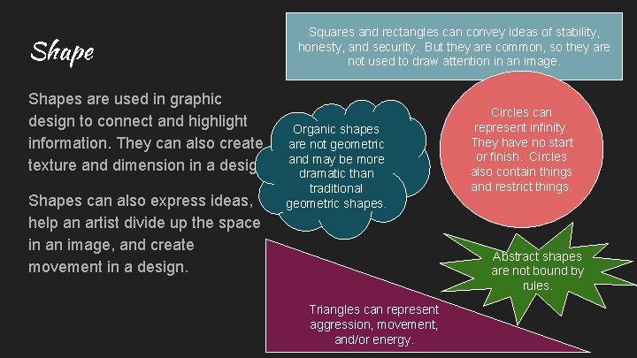 Shapes are used in graphic design to connect and highlight information. They can also