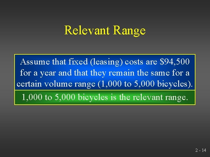 Relevant Range Assume that fixed (leasing) costs are $94, 500 for a year and
