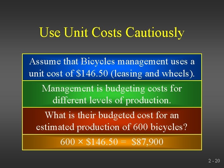 Use Unit Costs Cautiously Assume that Bicycles management uses a unit cost of $146.