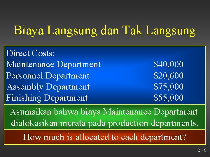 Biaya Langsung dan Tak Langsung Direct Costs: Maintenance Department Personnel Department Assembly Department Finishing