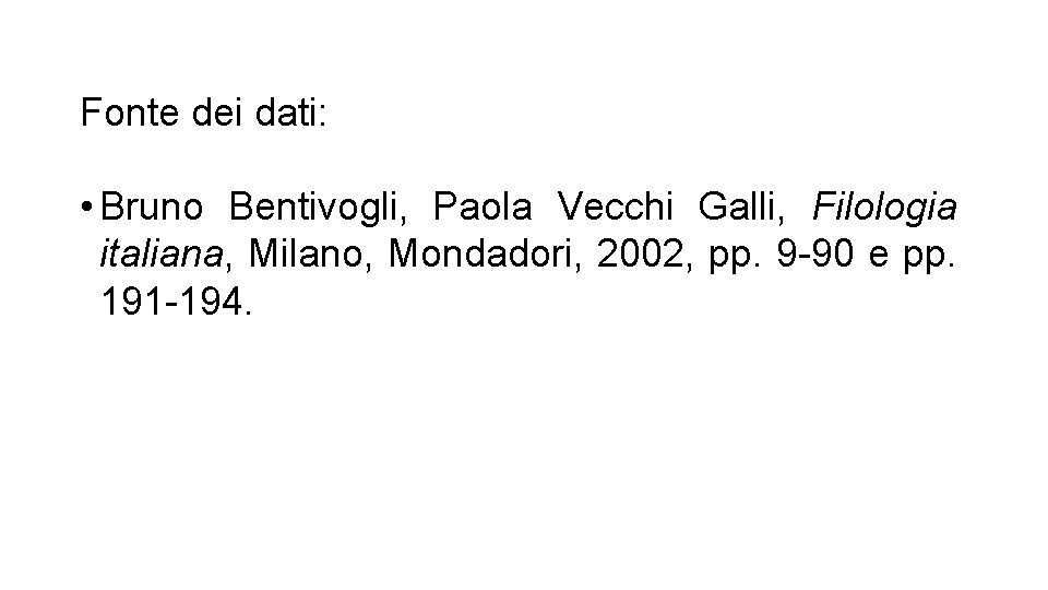 Fonte dei dati: • Bruno Bentivogli, Paola Vecchi Galli, Filologia italiana, Milano, Mondadori, 2002,