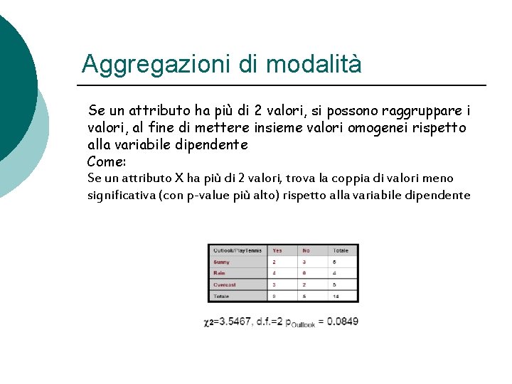 Aggregazioni di modalità Se un attributo ha più di 2 valori, si possono raggruppare
