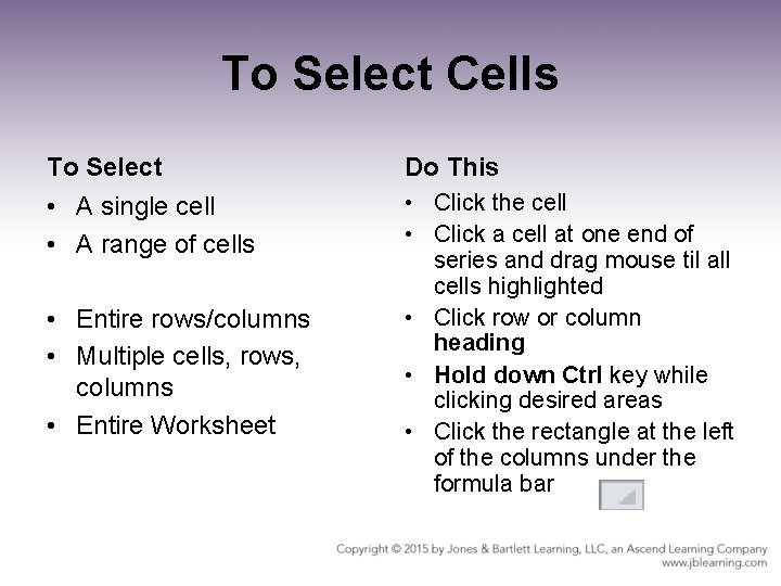To Select Cells To Select Do This • A single cell • A range