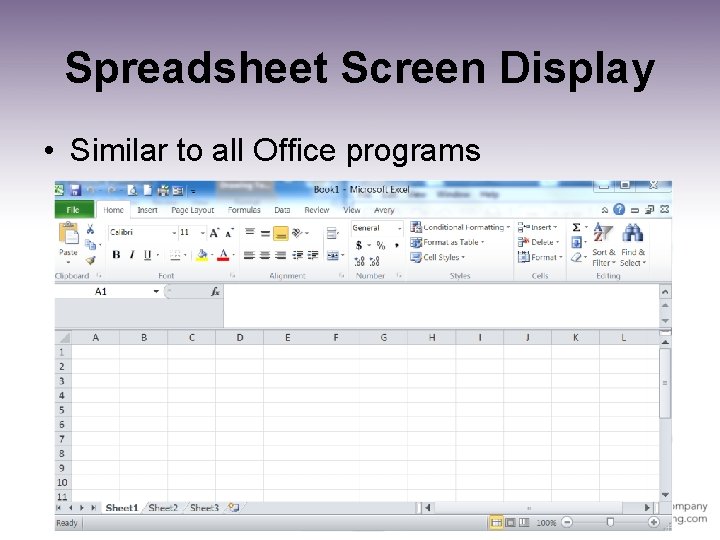 Spreadsheet Screen Display • Similar to all Office programs 