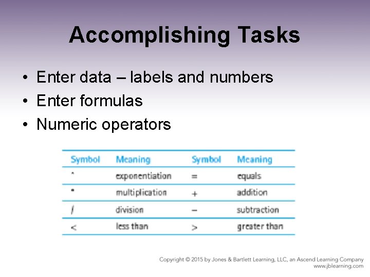 Accomplishing Tasks • Enter data – labels and numbers • Enter formulas • Numeric