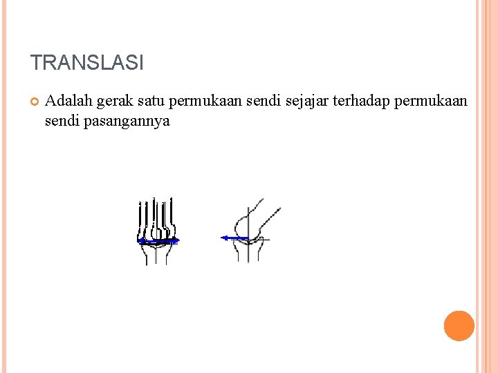 TRANSLASI Adalah gerak satu permukaan sendi sejajar terhadap permukaan sendi pasangannya 