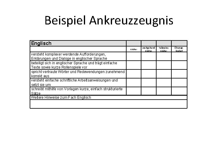 Beispiel Ankreuzzeugnis Englisch sicher versteht komplexer werdende Aufforderungen, Erklärungen und Dialoge in englischer Sprache