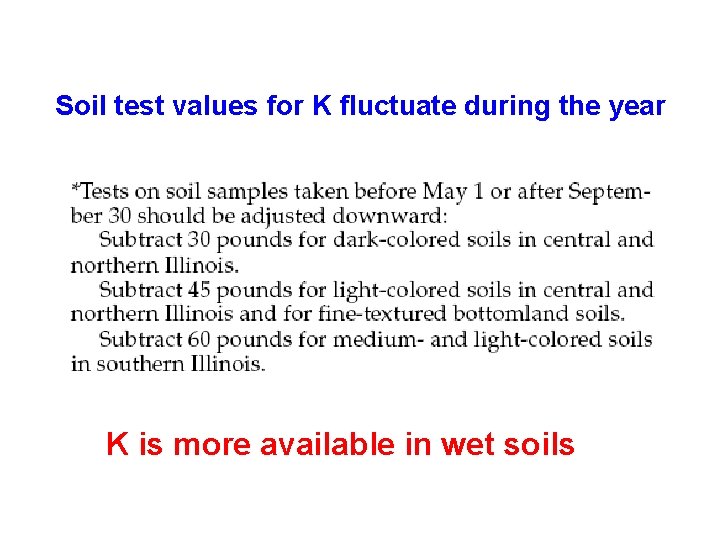 Soil test values for K fluctuate during the year K is more available in