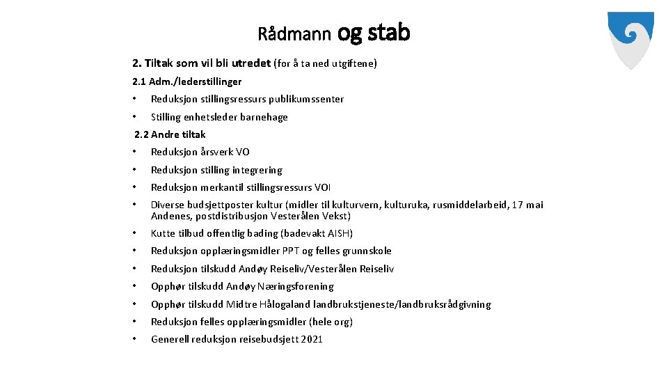 Rådmann og stab 2. Tiltak som vil bli utredet (for å ta ned utgiftene)