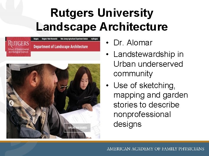 Rutgers University Landscape Architecture • Dr. Alomar • Landstewardship in Urban underserved community •