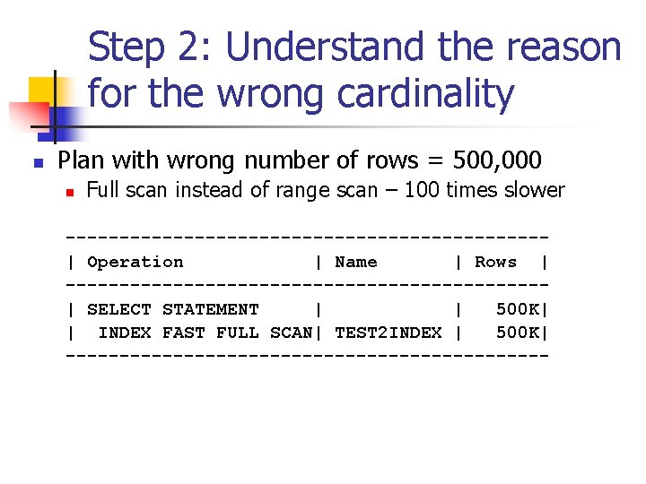 Step 2: Understand the reason for the wrong cardinality n Plan with wrong number